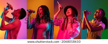 At karaoke club. Collage of made of singing man and girls isolated on colored backgorund in neon light. Concept of equality, unification of all nations, ages and interests. Look happy, excited Royalty-Free Stock Photo #2068018610