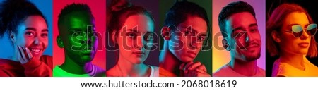 Composite image of male and female faces isolated on colored neon backgorund. Concept of equality, unification of all nations, ages and interests. Multiethnic fashion models. Youth culture Royalty-Free Stock Photo #2068018619
