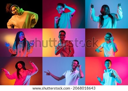 Nightlife. Collage of made of dancing male and female models isolated on colored backgorund in neon light. Concept of equality, unification of all nations, ages and interests. Look happy, excited Royalty-Free Stock Photo #2068018643