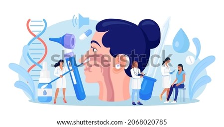 Otolaryngology concept. ENT doctor treating diseases of ear, nose, throat and neck. Otolaryngologist with medical instrument examines patient. Otoscopy procedure. Nasopharynx, sinuses, ear specula. Royalty-Free Stock Photo #2068020785