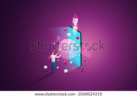 Experience 3D Metaverse, the limitless virtual reality technology for future smartphone users and digital devices. isometric vector illustration. Royalty-Free Stock Photo #2068024310