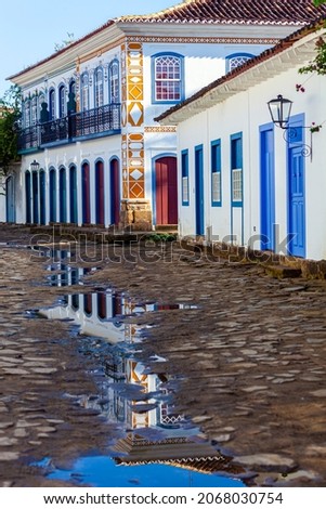 Streets and houses of historical center in Paraty, Rio de Janeiro, Brazil. Sunny day in Paraty. Paraty is colonil city listed Unesco