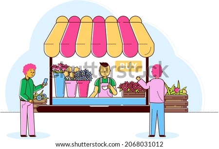 Man character buying flower, concept florist shop sale gift female, street floret boutique flat line vector illustration, isolated on white.