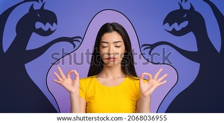 Calm asian woman meditating with shadow monsters around her, relaxed korean female keeping hands in mudra gesture, coping with inner fears, staying calm, feeling harmony and peace of mind, collage