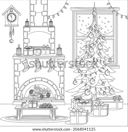 Coloring book for kids and adults in the form of a vector room prepared for the celebration of the new year and Christmas. Royalty-Free Stock Photo #2068041125