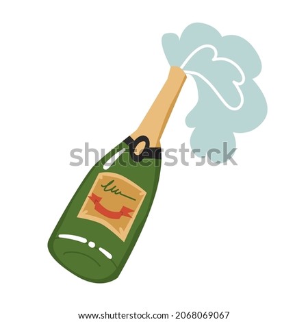 Bottle of champagne with foam from the neck. New year and Christmas attribute. Flat style in vector illustration. Clip art element isolated on white background. 