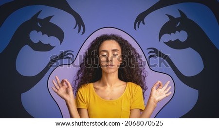 Overcoming Inner Fears. Young Woman Meditating With Drawn Shadow Monsters Around Her, Calm Millennial Female Standing With Closed Eyes, Feeling Mind Harmony, Not Afraid Of Evil, Creative Collage