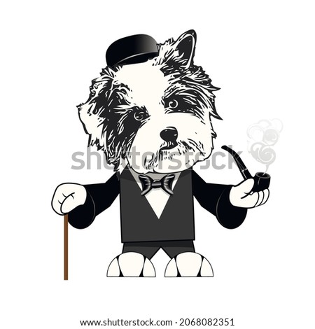Illustration of a Dog in a Tuxedo with a Pipe on a White Background