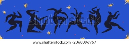 Matisse inspired Dancing Women. Set of cut out female silhouettes on a blue background with stars. Black cut out abstract curvy women. Vector illustration inspired by Matisse. Royalty-Free Stock Photo #2068096967