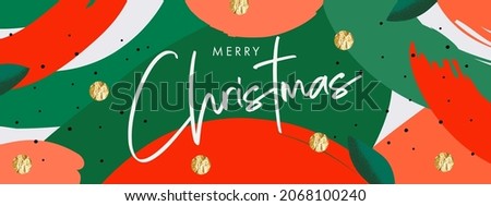 Merry Christmas and Happy New Year banner. Trendy modern art Xmas design with typography, gold foil pressed dots and painted texture elements. Horizontal poster, greeting card, header for website