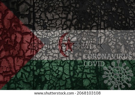 flag of Sahrawi Arab Democratic Republic on a old vintage metal rusty cracked wall with text coronavirus, covid, and virus picture.