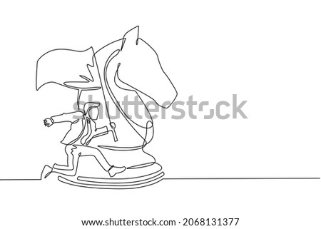 Single one line drawing businessman running and holding flag beside big horse knight chess. Business achievement goal, metaphor concept. Modern continuous line draw design graphic vector illustration