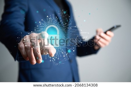 Cyber concept, Hands holding smartphone with lock icon