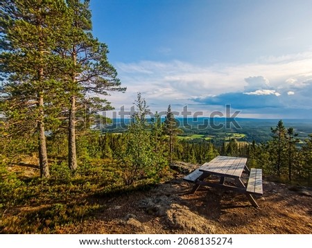 bench in the forest sky and clouds, beautiful photo digital picture , picture taken in Sweden, Europe