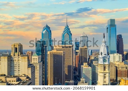 Philadelphia downtowncity  skyline, cityscape in Pennsylvania USA at sunset from top view