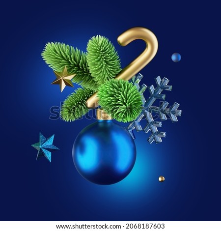 3d render, Christmas ornament, green spruce and glass ball. Festive clip art isolated on blue background