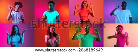 Pleasure. Collage of an ethnically diverse young people showing positive gestures isolated on multicolored background. Youth culture. Concept of emotions, facial expression, feelings, fashion, beauty.