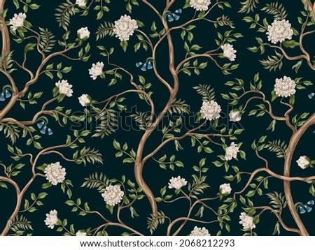 Print with white peonies trees in chinoiserie style. Interior wallpaper
