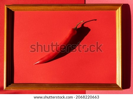 Flat lay Red fresh hot chili pepper in frame on red background.