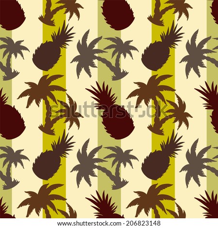 Exotic Caribbean seamless pattern with silhouettes tropical coconut palm trees and pineapples. Summer, fruits, beach holidays. Endless print repeating texture. Striped background. Wallpaper - vector