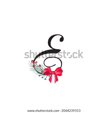 Letter E vector holiday illustration with tree branches and cones. Floral alphabet merry christmas. Monogram initials are perfect for greeting card, logo, poster. Isolated on white background 
