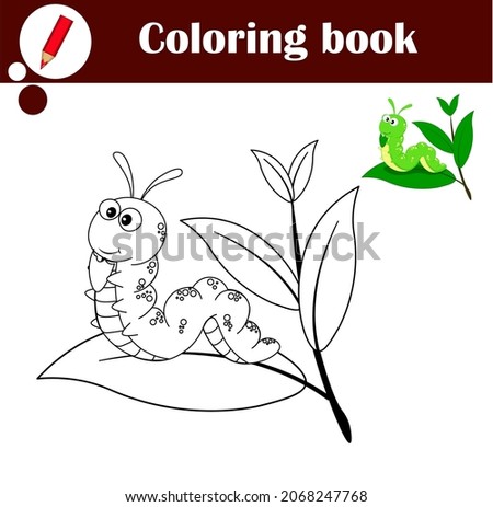 Coloring book to educate kids. Visual educational game. Coloring pages. Cute caterpillar on a leaf on a twig. Cartoon vector illustration for kids