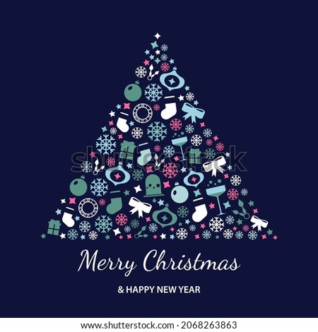 Greeting card with a stylized christmas tree made of icons and symbols, including presents, snowflakes. A postcard with flat Christmas icons on a blue background. Happy New Year vector illustration
