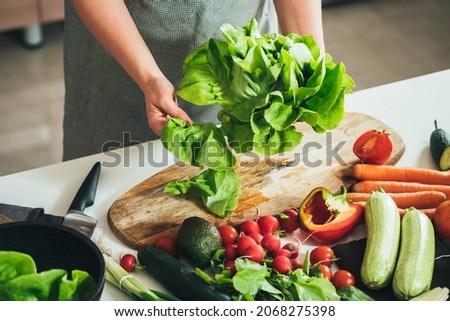 Close Up Photo of Woman Hands Making Fresh Salad on a Table Full with Organic Vegetables. 
An anonymous housewife making lunch with fresh colorful vegetables at kitchen table. Royalty-Free Stock Photo #2068275398