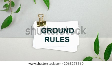 On a gray background - green leaves of the plant and a white blank card under a golden clip with a place to insert text. Copy space. Minimalist. Mockup