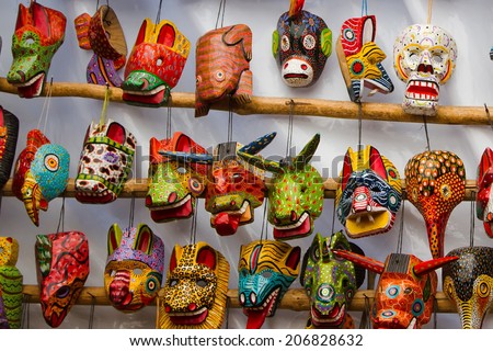 Mayan Wooden Masks for sale, Chichicastenango, Guatemala, Central America Royalty-Free Stock Photo #206828632