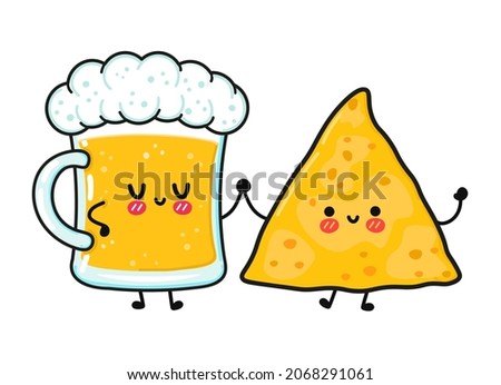 Cute, funny happy glass of beer and nachos. Vector hand drawn cartoon kawaii characters, illustration icon. Funny cartoon glass of beer and nachos mascot friends concept Royalty-Free Stock Photo #2068291061