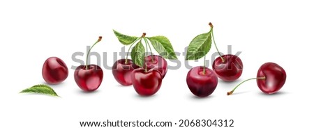 Realistic cherry with fresh leaves, red juicy on a white background for design Royalty-Free Stock Photo #2068304312