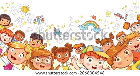Group children look and wave their hands at the camera against the background of kids drawings. Group of multi ethnic friends. Colorful cartoon characters. Funny vector illustration. Panorama Royalty-Free Stock Photo #2068304546