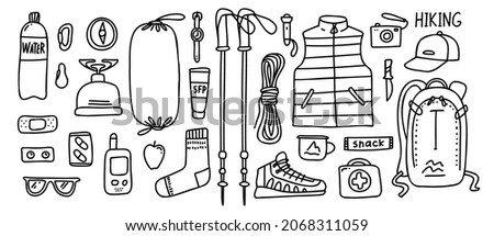 Tourism items set. Vector illustration in doodle style.