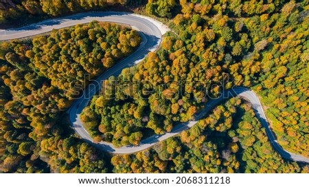 Beautiful autumn forest landscape with winding mountain road. Top view drone shot. Beautiful autumn colors.
