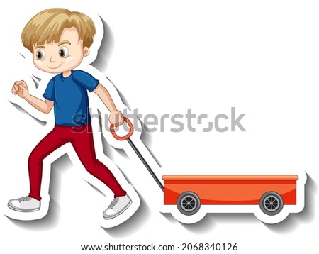 Boy pulling wagon cartoon character sticker illustration