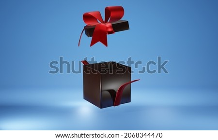 Render 3D black empty box for black Friday, empty box floating, red ribbon on black carton, 3D black empty box, 3D empty carton, open 3D gift box, promotion advertising background.