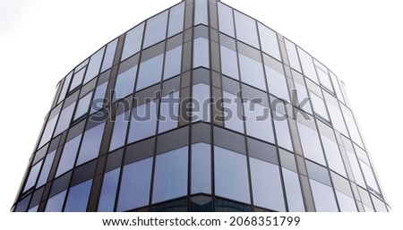 Double exposure photo of windows resembling pyramid built structure with glass walls. Abstract modern architecture background in minimalism style. Hi-tech building exterior. Polygonal 