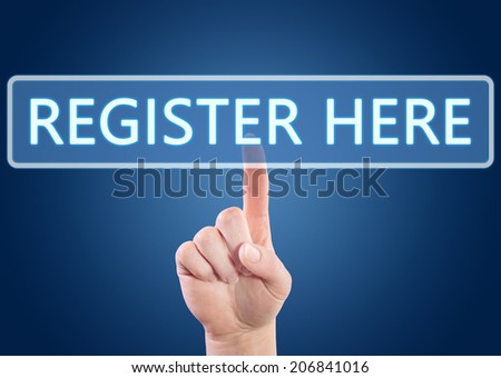 Hand pressing Register here button on interface with blue background.