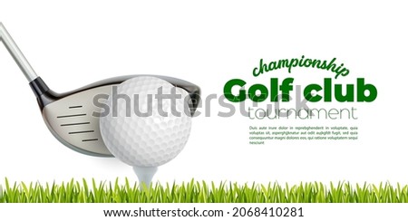 Isolated golf club stick and ball tee on grass field. Realistic 3d vector design of golfing sport tournament announcement with green grass blades. Golf championship on professional course, competition Royalty-Free Stock Photo #2068410281