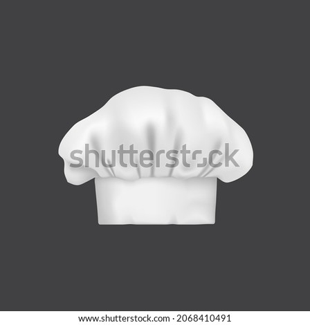 Realistic chef hat, cook cap and baker toque. 3d white chef hat. Vector restaurant stuff headwear, kitchen headdress, costume for culinary, isolated head wear with folded crown vintage clothes Royalty-Free Stock Photo #2068410491