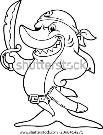 Vector Cartoon Smiling Pirate Shark With Sabre Sword Line Art