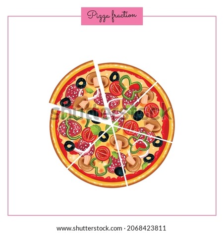 six pieces pizza fraction, illustration, vector