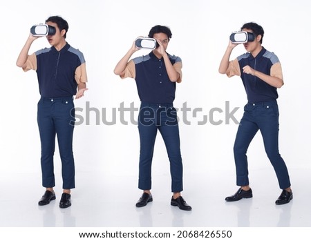 Set of Three full length of 20s Asian man learn VR virtual reality device in simulator world. Active male act like play game or life in metaverse remote meeting over white Background isolated