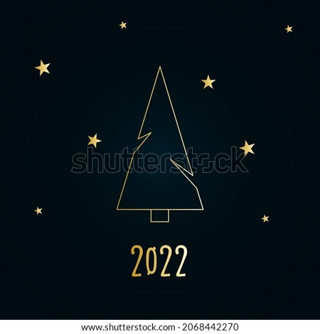 Golden silhouette of a Christmas tree with snow and stars on a dark blue background. Merry Christmas and Happy New Year 2022. Vector illustration.