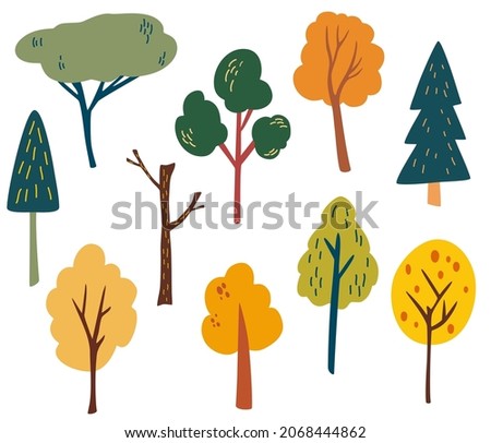 Different trees big set. Fir, pine, spruce, larch. Coniferous and deciduous. Forest hand draw colorful trees. Vector cartoon illustration. Isolated on the white background.  Royalty-Free Stock Photo #2068444862
