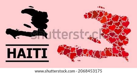 Love pattern and solid map of Haiti on a pink background. Mosaic map of Haiti created with red love hearts. Vector flat illustration for love abstract illustrations.