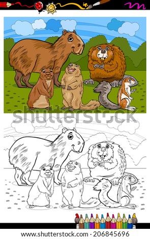 Coloring Book or Page Cartoon Vector Illustration of Black and White Funny Rodents Mammals Animals Mascot Characters Group for Children