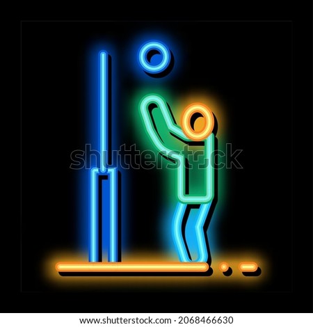 Player with Ball near Ring neon light sign vector. Glowing bright icon Player with Ball near Ring sign. transparent symbol illustration