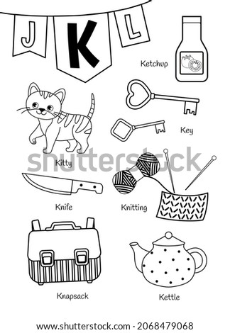 English alphabet with cartoon cute children illustrations. Kids learning material. Letter K. Illustrations kitten, ketchup, key, knitting, knife, kettle. Outline collection.
